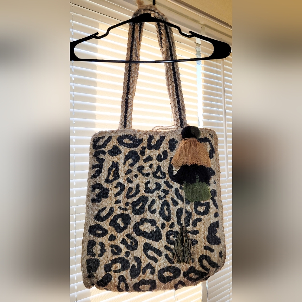 America & Beyond: LEOPARD HANDWOVEN JUTE BROWN TOTE W/TASSEL - HAND STAMPED TOTE